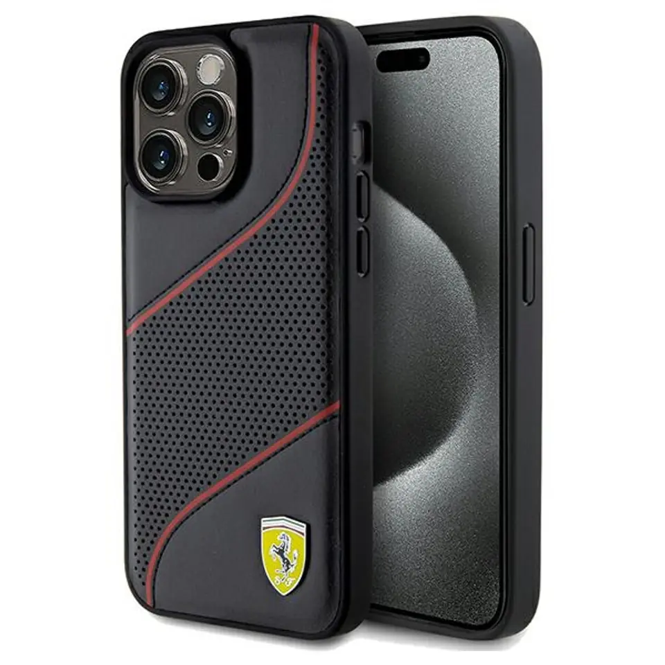⁨Ferrari FEHCP15XPWAK iPhone 15 Pro Max 6.7" czarny/black hardcase Perforated Waves Metal Logo⁩ w sklepie Wasserman.eu