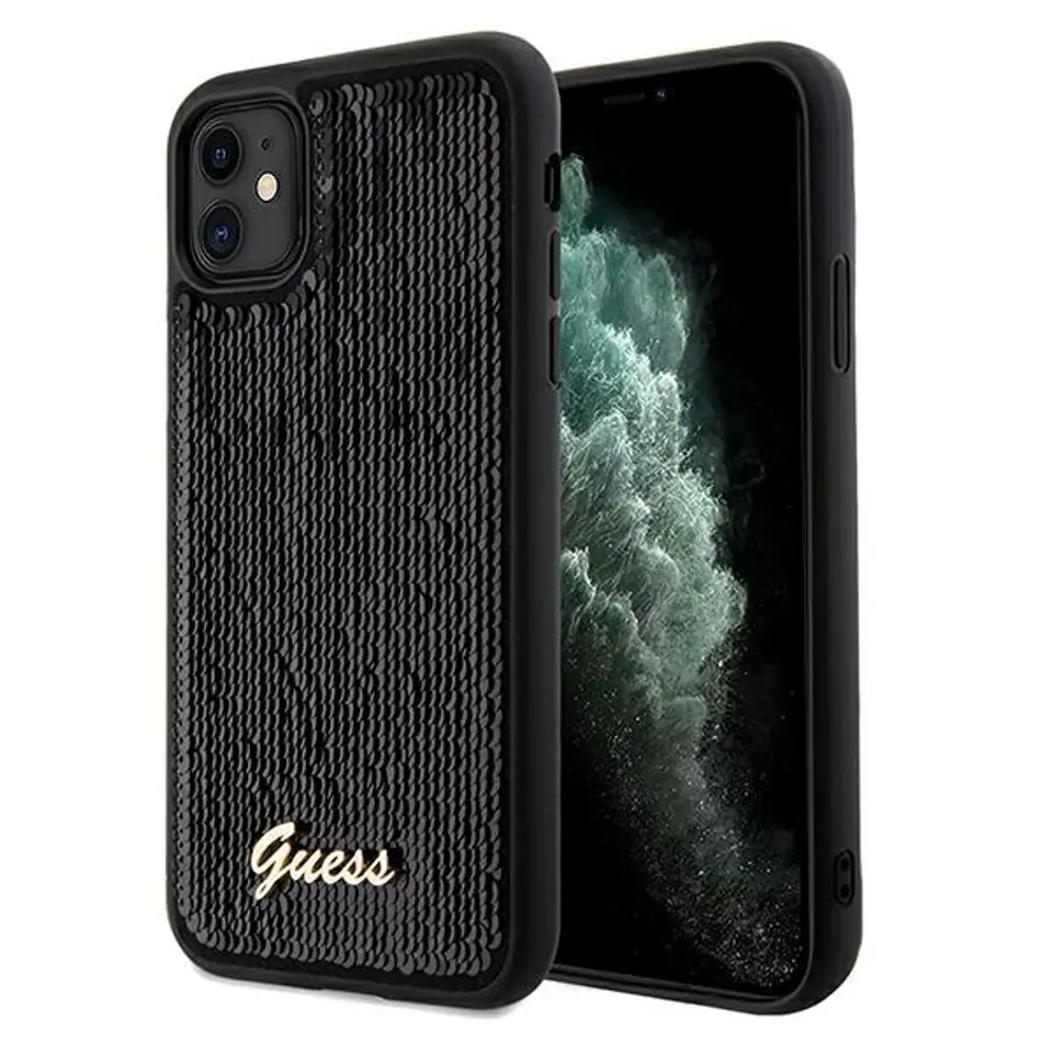 ⁨Guess GUHCN61PSFDGSK iPhone 11 / Xr 6.1" czarny/black hardcase Sequin Script Metal⁩ w sklepie Wasserman.eu