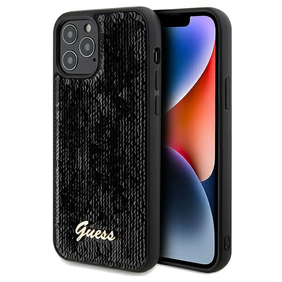 ⁨Guess GUHCP12MPSFDGSK iPhone 12/12 Pro 6.1" czarny/black hardcase Sequin Script Metal⁩ w sklepie Wasserman.eu