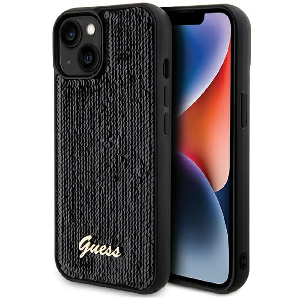 ⁨Guess GUHCP14SPSFDGSK iPhone 14 / 15 / 13 6.1" czarny/black hardcase Sequin Script Metal⁩ w sklepie Wasserman.eu