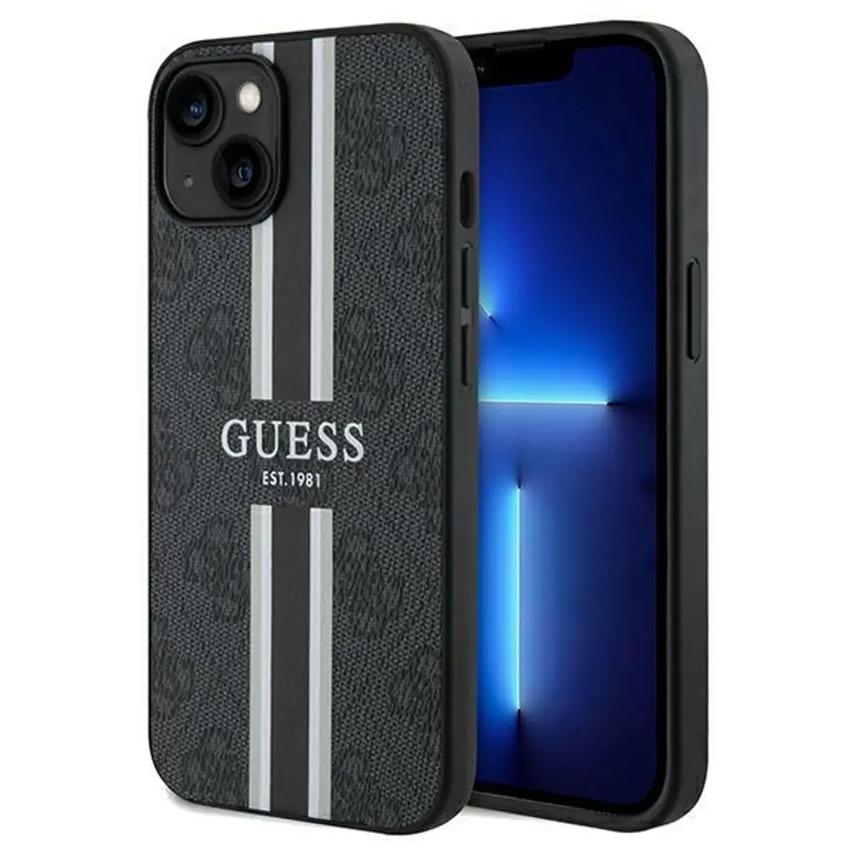 ⁨Guess GUHMP15SP4RPSK iPhone 15 / 14 / 13 6.1" czarny/black hardcase 4G Printed Stripes MagSafe⁩ w sklepie Wasserman.eu