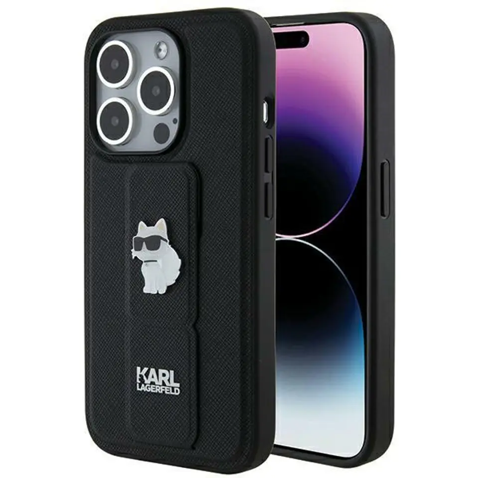 ⁨Karl Lagerfeld KLHCP14LGSACHPK iPhone 14 Pro 6.1" czarny/black hardcase Gripstand Saffiano Choupette Pins⁩ w sklepie Wasserman.eu