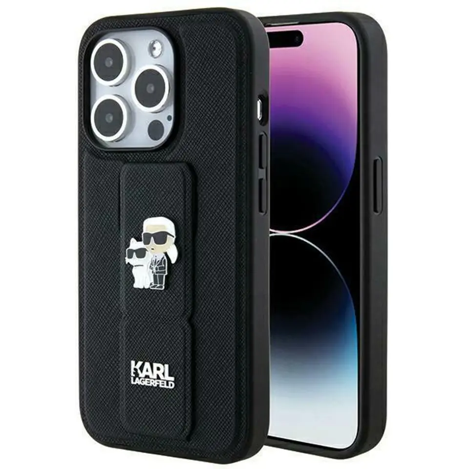 ⁨Karl Lagerfeld KLHCP14LGSAKCPK iPhone 14 Pro 6.1" czarny/black hardcase Gripstand Saffiano Karl&Choupette Pins⁩ w sklepie Wasserman.eu