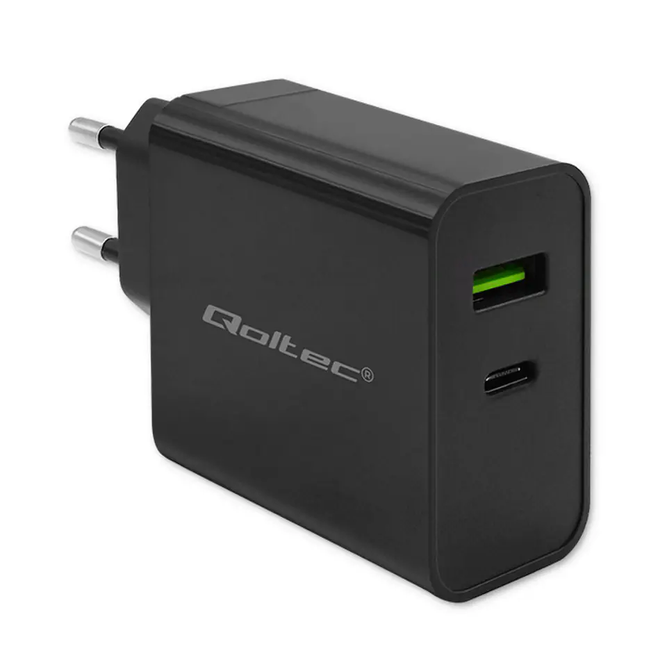 ⁨Qoltec Ładowarka Super Quick PD | 1xUSB-C | 1xUSB | 45W | 5-20V | 2.25-3A | Czarna⁩ w sklepie Wasserman.eu