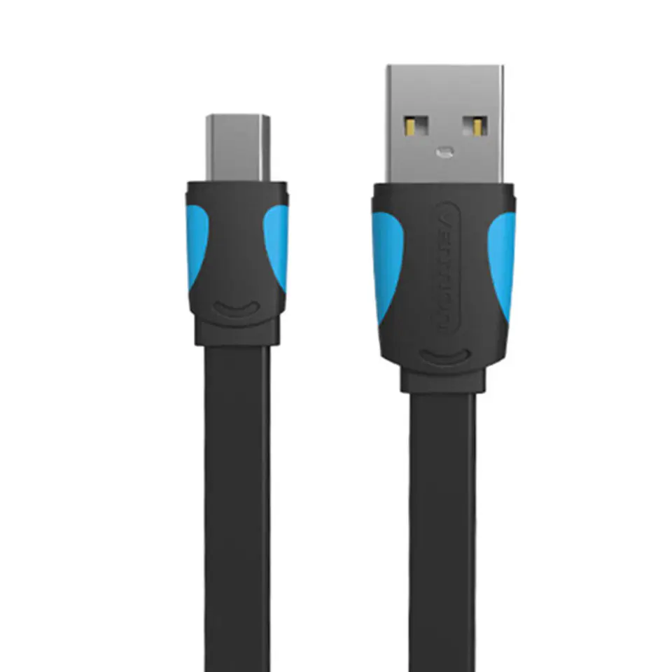 ⁨Płaski kabel USB 2.0 A do Mini 5 pinowy Vention VAS-A14-B100 2A 1m Czarny⁩ w sklepie Wasserman.eu