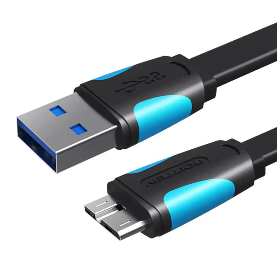 ⁨Płaski kabel USB 3.0 A do Micro B Vention VAS-A12-B100 1m Czarny⁩ w sklepie Wasserman.eu