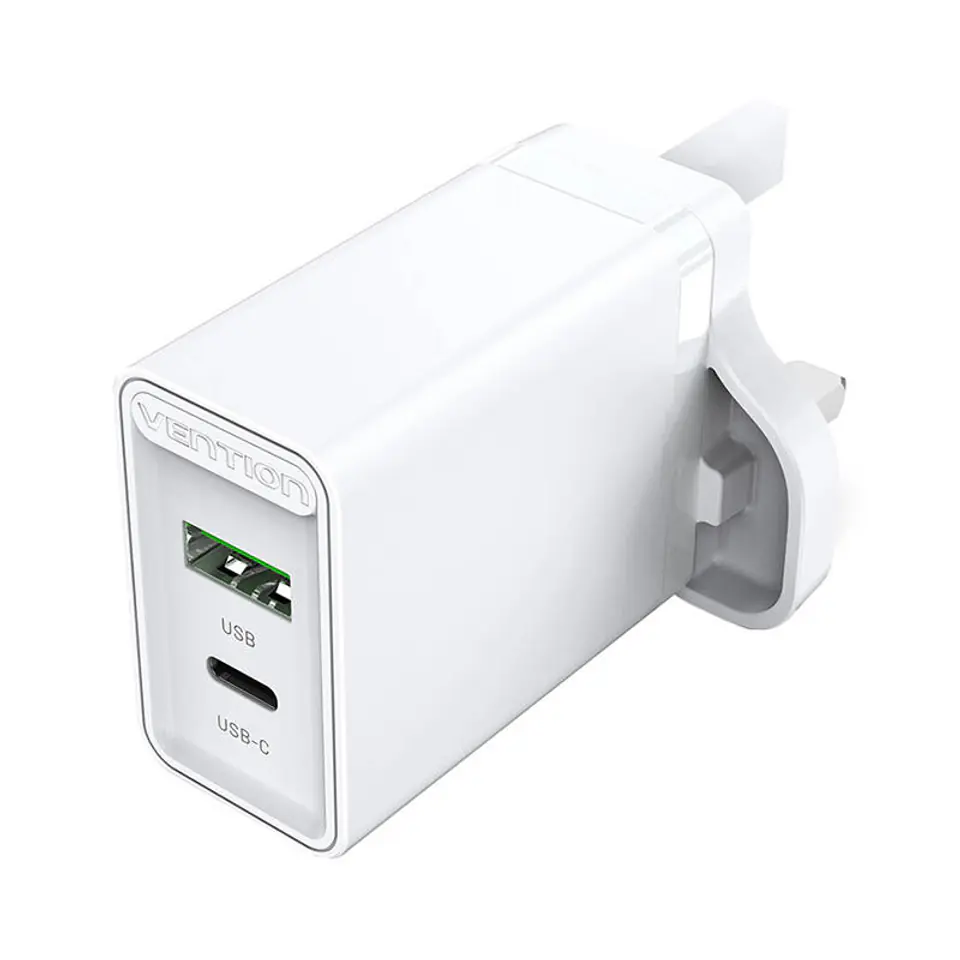 ⁨Ładowarka sieciowa USB-A, USB-C Vention FBBW0-UK 18W/20W UK biała⁩ w sklepie Wasserman.eu