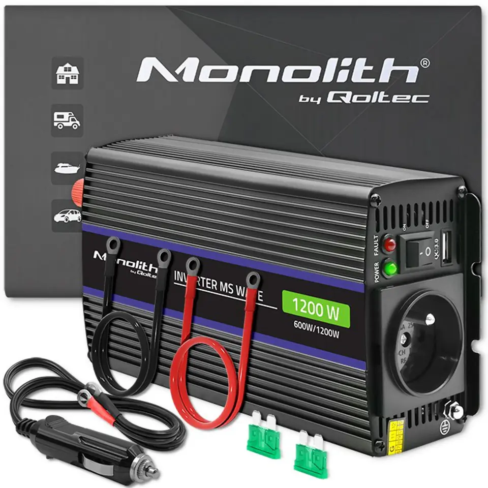 ⁨Qoltec Monolith 1200 MS Wave Voltage Converter | 12V to 230V | 600/1200W | USB⁩ at Wasserman.eu