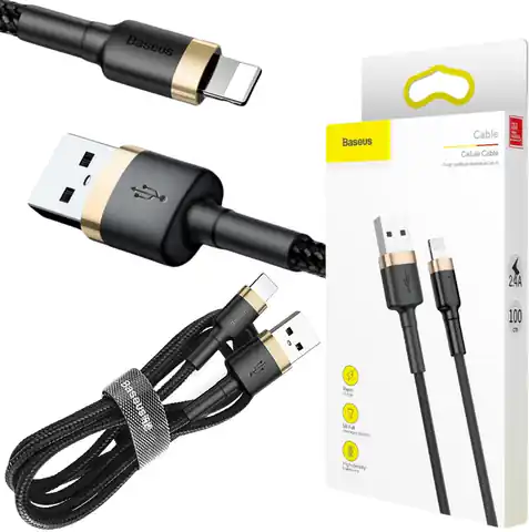 ⁨KABEL USB-A -> Lightning / iPhone Baseus Cafule CALKLF-BV1 100cm Apple 2.4A CZARNO-ZŁOTY W OPLOCIE⁩ w sklepie Wasserman.eu