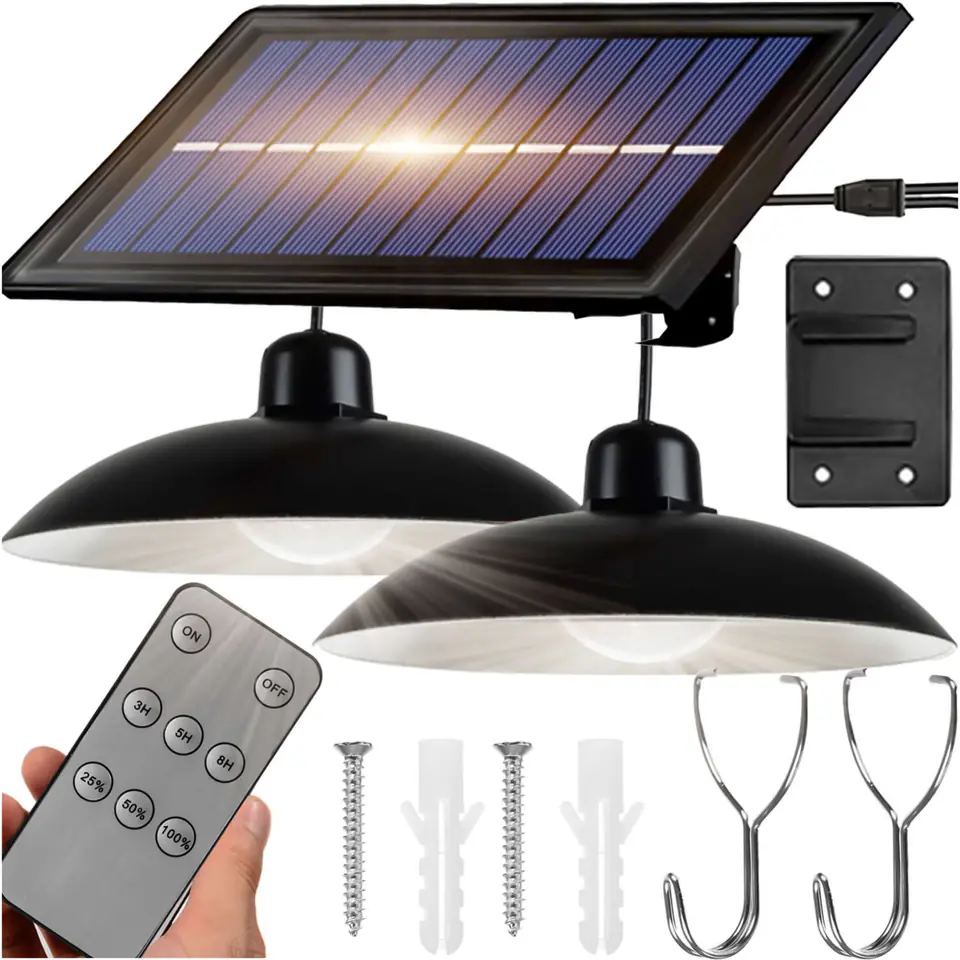 ⁨Lampa solarna LED wisząca zestaw 2x Żyrandol Panel solarny Pilot do ogrodu 80W ogrodowa uliczna zewnętrzna czarna⁩ w sklepie Wasserman.eu