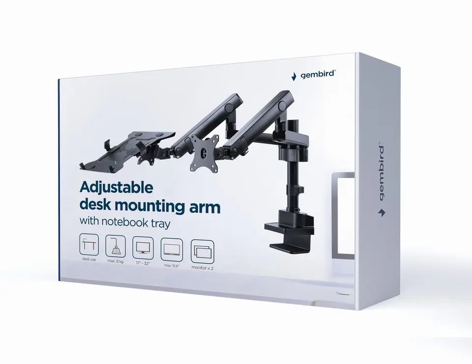 ⁨GEMBIRD BIURKOWE REGULOWANE RAMIĘ/UCHWYT NA 2 MONITORY + PÓŁKA NA NOTEBOOKA 17-32, VESA 100X100MM, DO 8 KG⁩ w sklepie Wasserman.eu