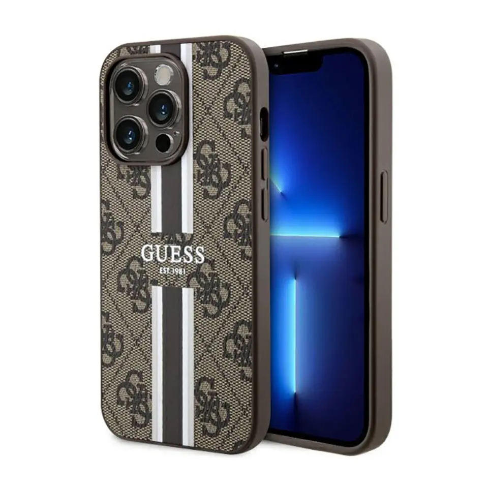 ⁨Guess 4G Printed Stripes MagSafe - Etui iPhone 14 Pro (Brązowy)⁩ w sklepie Wasserman.eu