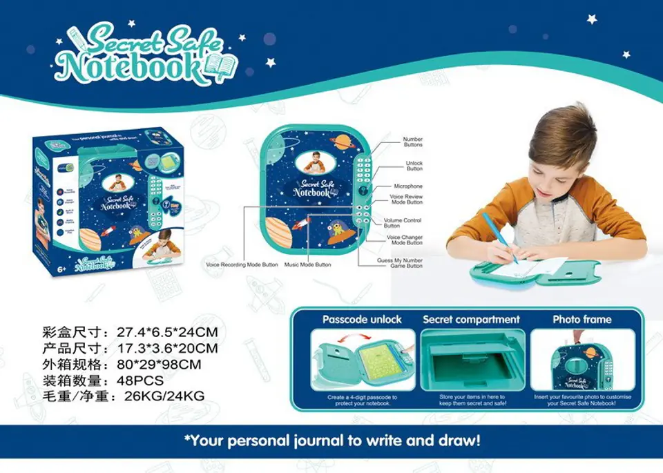 Sekretny Pamiętnik + Interaktywny Sejf z Zamkiem Szyfrowym dla dzieci 3+ Odgłosy + Funkcje dźwiękowe + Notatnik + Flamaster w sklepie Wasserman.eu