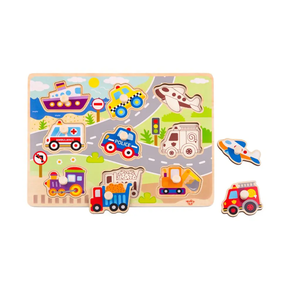 ⁨TOOKY TOY Drewniane Puzzle Montessori Transport Pojazdy z Pinezkami Do Dopasowania⁩ w sklepie Wasserman.eu