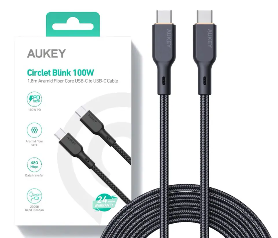 ⁨AUKEY CB-KCC102 USB-C Type-C Power Delivery PD 100W 5A 1.8m Kevlar Black⁩ at Wasserman.eu