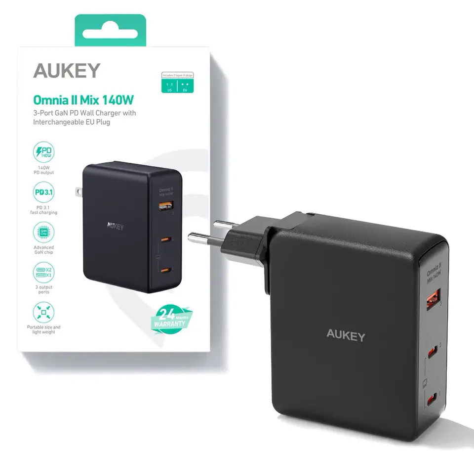 ⁨Wall charger AUKEY PA-B7O Omnia II GaN 2xUSB-C 1xUSB-A PD 3.1 PPS 140W EU/US/UK⁩ at Wasserman.eu