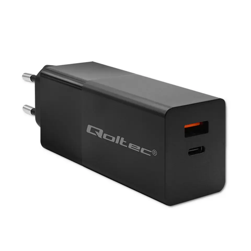 ⁨Qoltec Ładowarka GaN POWER PRO | 1xUSB-C | 1xUSB | 100W | 5-20V | 1.5-5A | PD | Czarna⁩ w sklepie Wasserman.eu