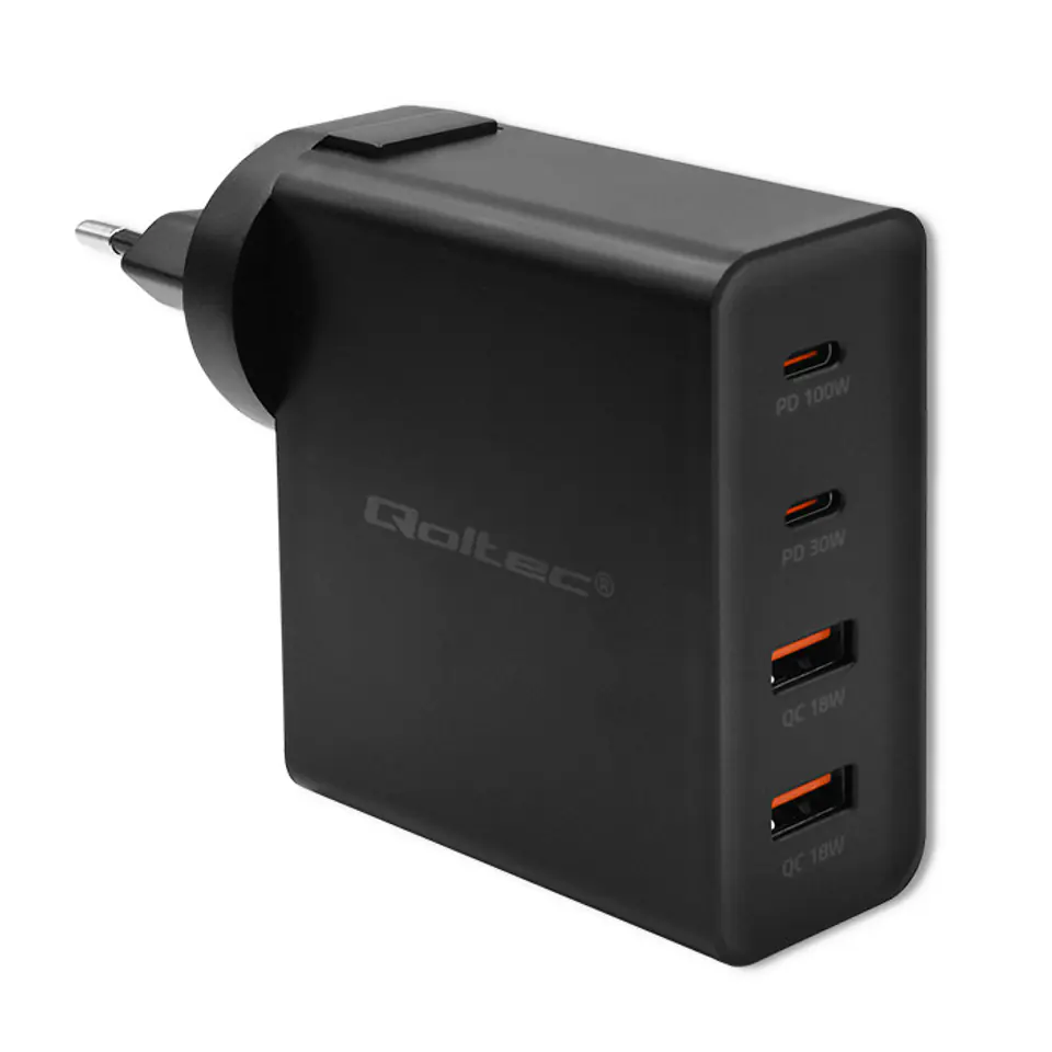 ⁨Qoltec GaN POWER PRO Charger | 2xUSB-C | 2xUSB | 130W | 5-20V | 1.5-5A | XP | Black⁩ at Wasserman.eu