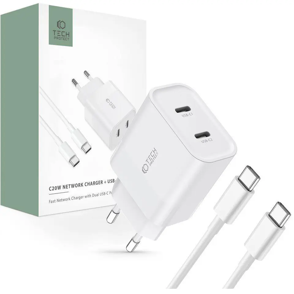 ⁨Ładowarka Sieciowa PD 20W 2x USB-C + Kabel USB-C - USB-C Tech-Protect C20W biała⁩ w sklepie Wasserman.eu