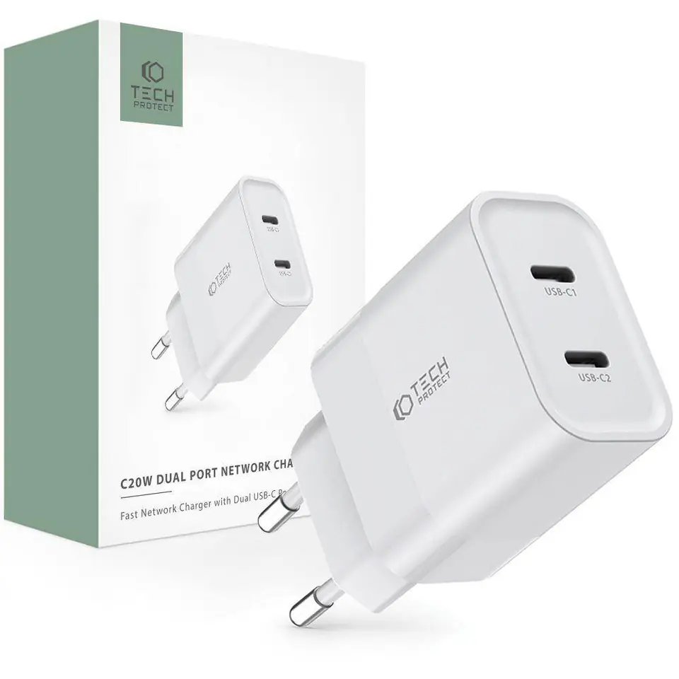 ⁨Ładowarka Sieciowa PD 20W 2x USB-C Tech-Protect C20W biała⁩ w sklepie Wasserman.eu