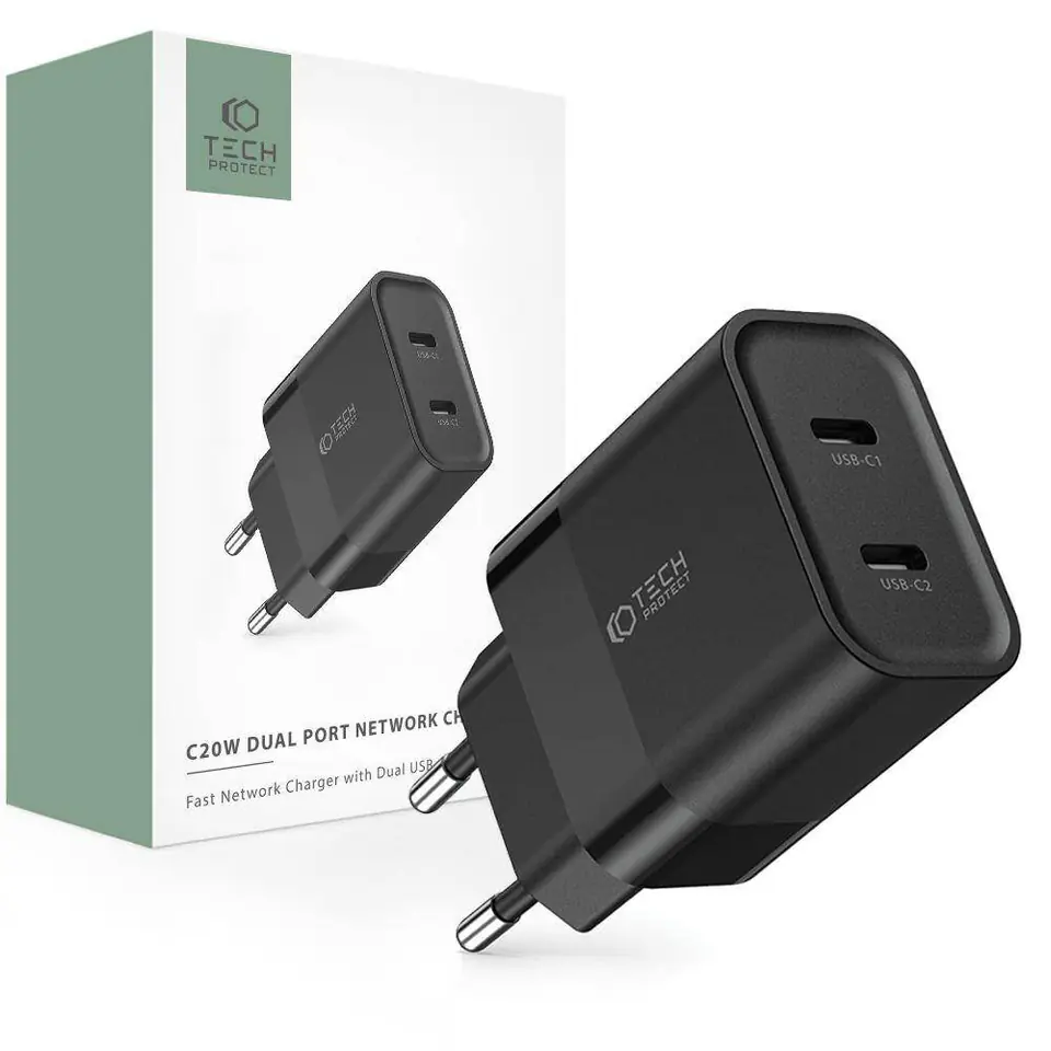 ⁨Ładowarka Sieciowa PD 20W 2x USB-C Tech-Protect C20W czarna⁩ w sklepie Wasserman.eu