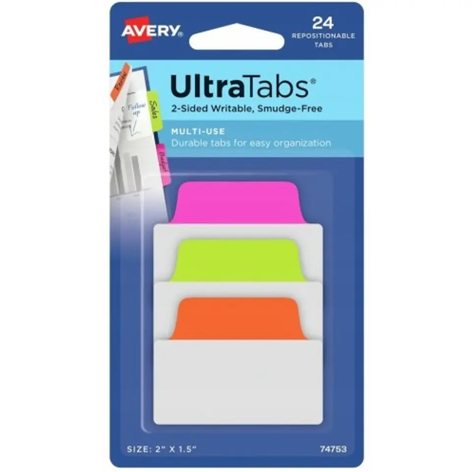 ⁨Zakładki indeksujące samoprzylepne 50,8x38,1mm przezroczyste z neonową zakładką Ultra Tabs 74753 AVERY ZWECKFORM⁩ w sklepie Wasserman.eu