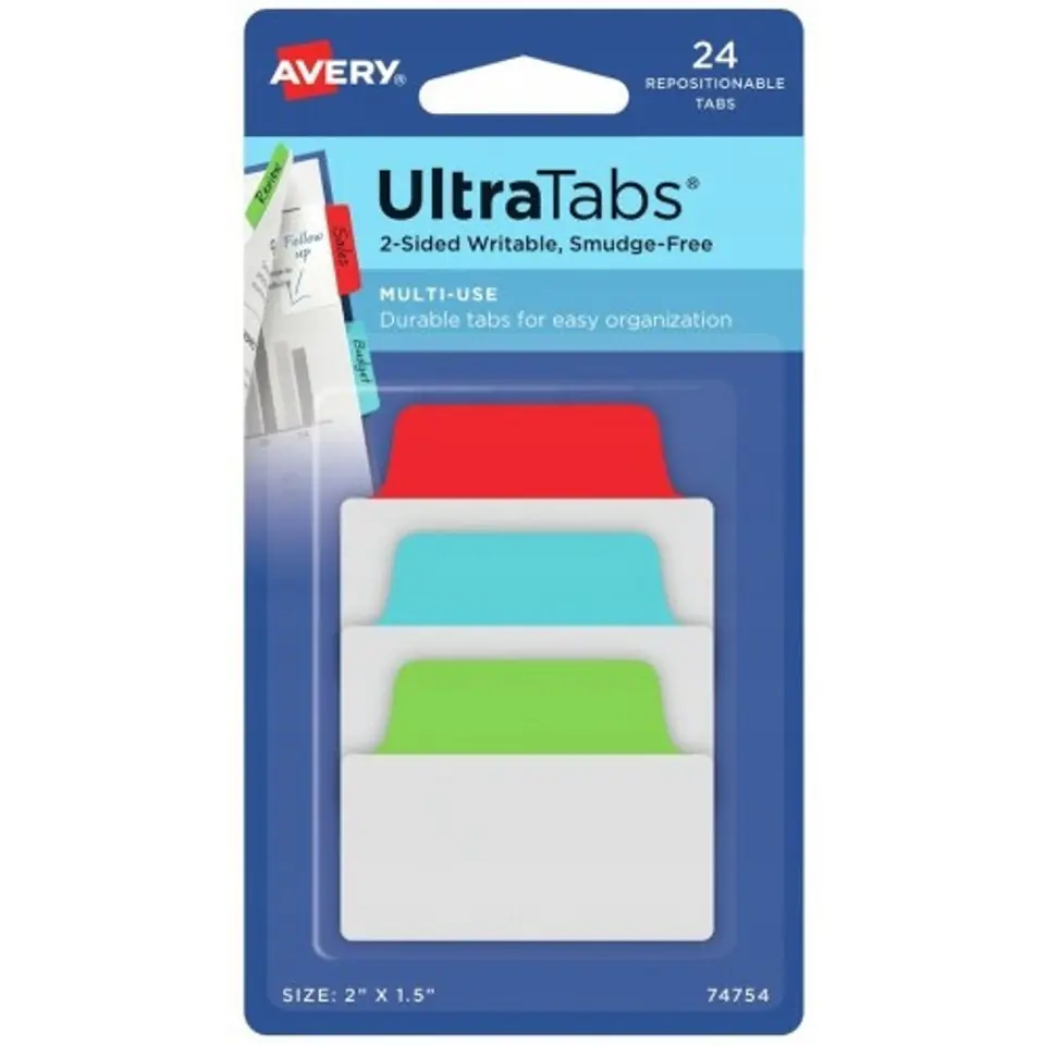 ⁨Zakładki indeksujące samoprzylepne 50,8x38,1mm przezroczyste z kolorową zakładką Ultra Tabs 74754 AVERY ZWECKFORM⁩ w sklepie Wasserman.eu