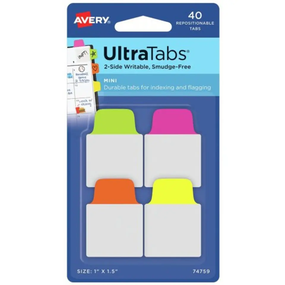 ⁨Zakładki indeksujące samoprzylepne 25,4x38,1mm przezroczyste z neonową zakładką Ultra Tabs 74759 AVERY ZWECKFORM⁩ w sklepie Wasserman.eu