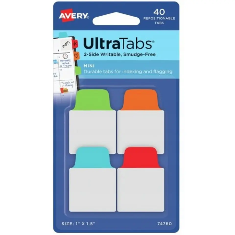 ⁨Zakładki indeksujące samoprzylepne 25,4x38,1mm przezroczyste z kolorową zakładką Ultra Tabs 74760 AVERY ZWECKFORM⁩ w sklepie Wasserman.eu