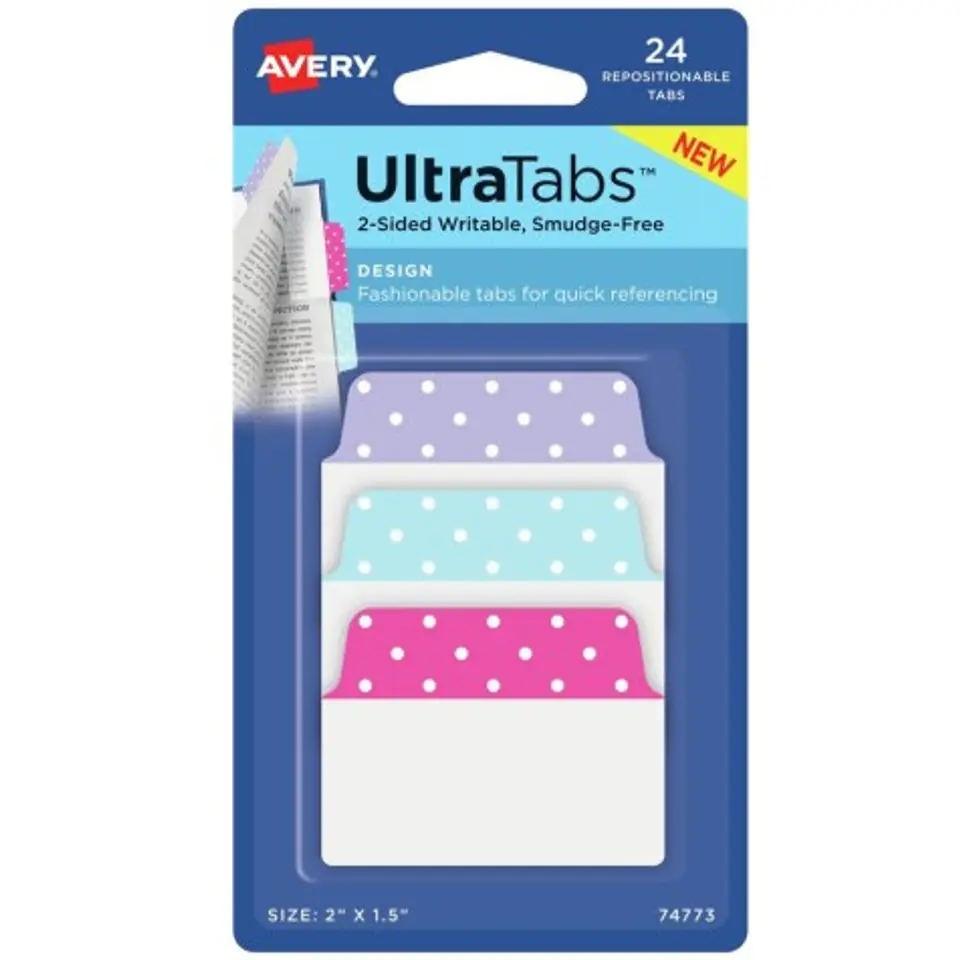 ⁨Zakładki indeksujące samoprzylepne 50,8x38,1mm kolorowe z wzorem kropki Ultra Tabs 74773 AVERY ZWECKFORM⁩ w sklepie Wasserman.eu