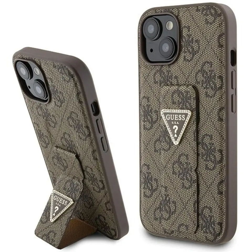 ⁨Guess GUHCP15SPGS4TDW iPhone 15 / 14 / 13 6.1" brązowy/brown hardcase Grip Stand 4G Triangle Strass⁩ w sklepie Wasserman.eu