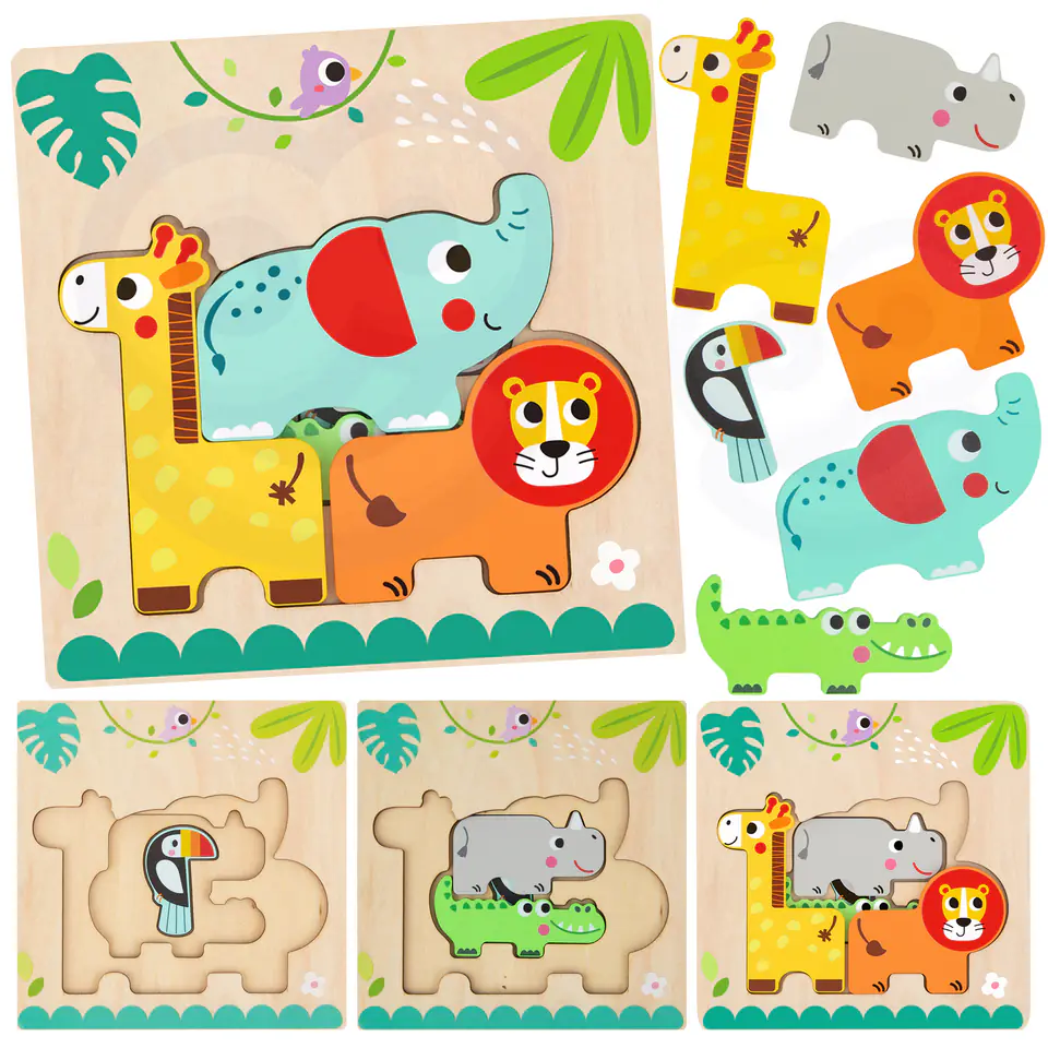 ⁨Tooky Toy Drewniane Puzzle Montessori Wielowarstwowe Tablica Zwierzątka Leśne 7 el.⁩ w sklepie Wasserman.eu