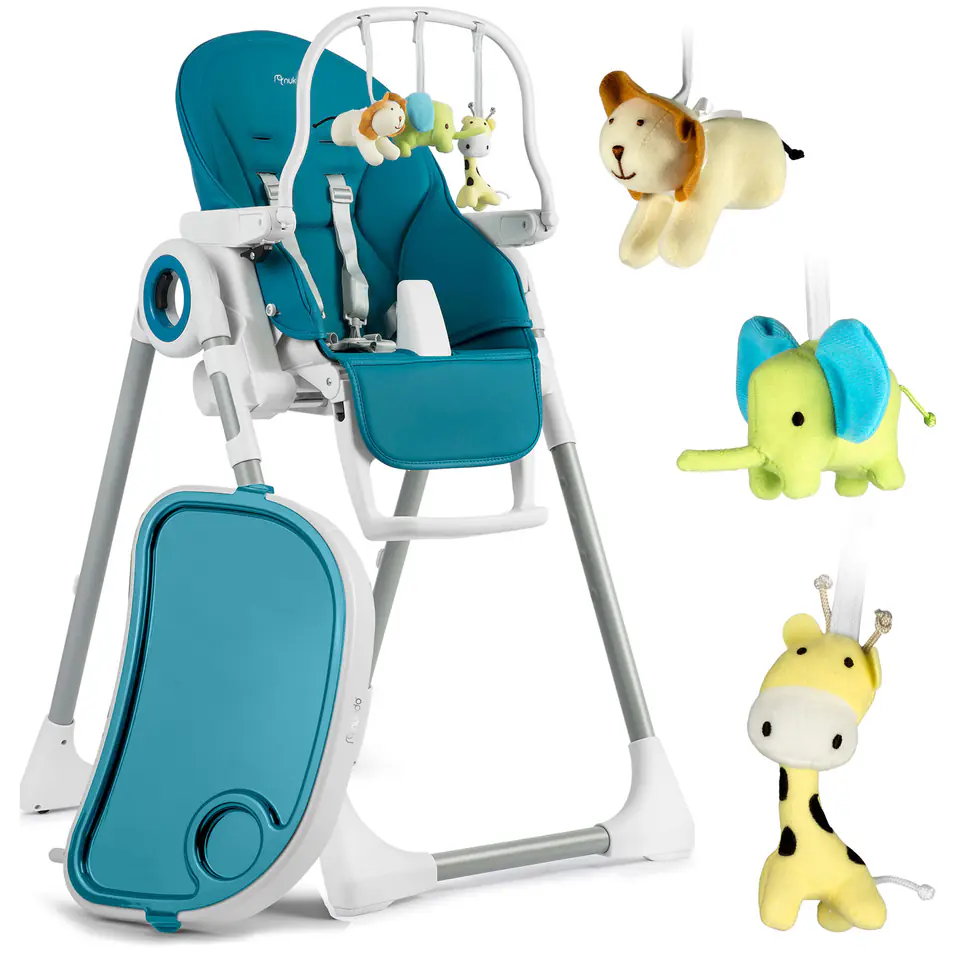 Krzesełko do karmienia ze stolikiem, leżaczek Belo ciemno niebieskie + pałąk z zabawkami w sklepie Wasserman.eu