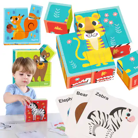 ⁨TOOKY TOY Układanka Montessori Bloki Kostki Sześciany Puzzle Zwierzęta + wzorniki⁩ w sklepie Wasserman.eu