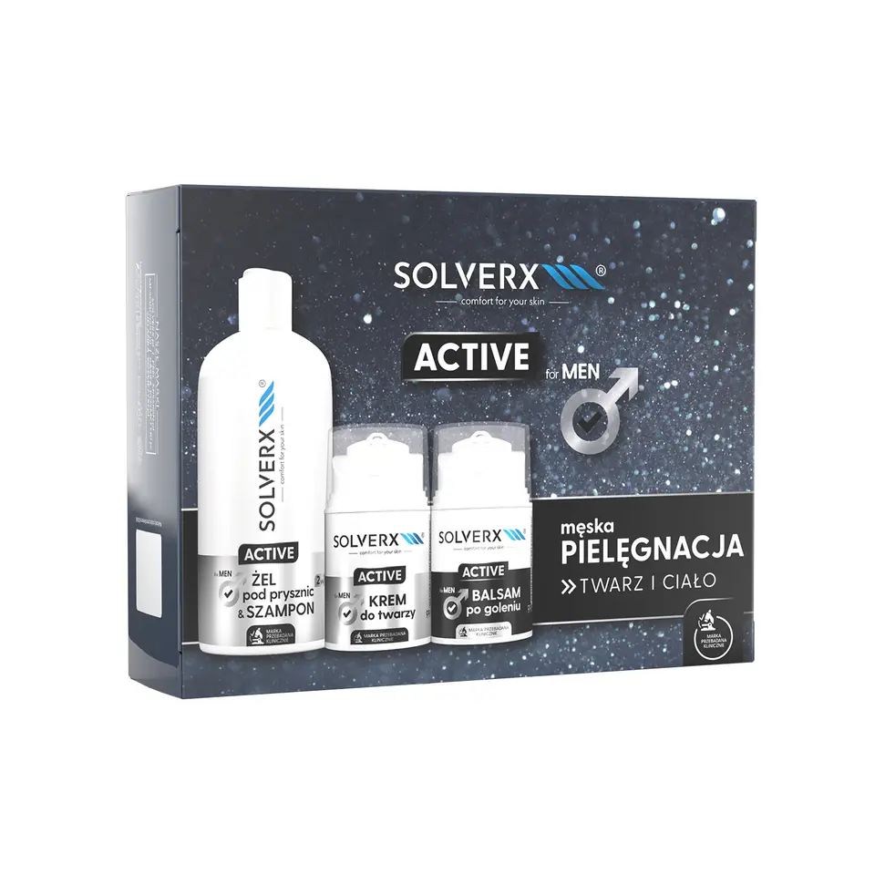 ⁨SOLVERX Zestaw prezentowy Męska pielęgnacja Active Żel - Szampon + Krem do twarzy + Balsam po goleniu⁩ w sklepie Wasserman.eu