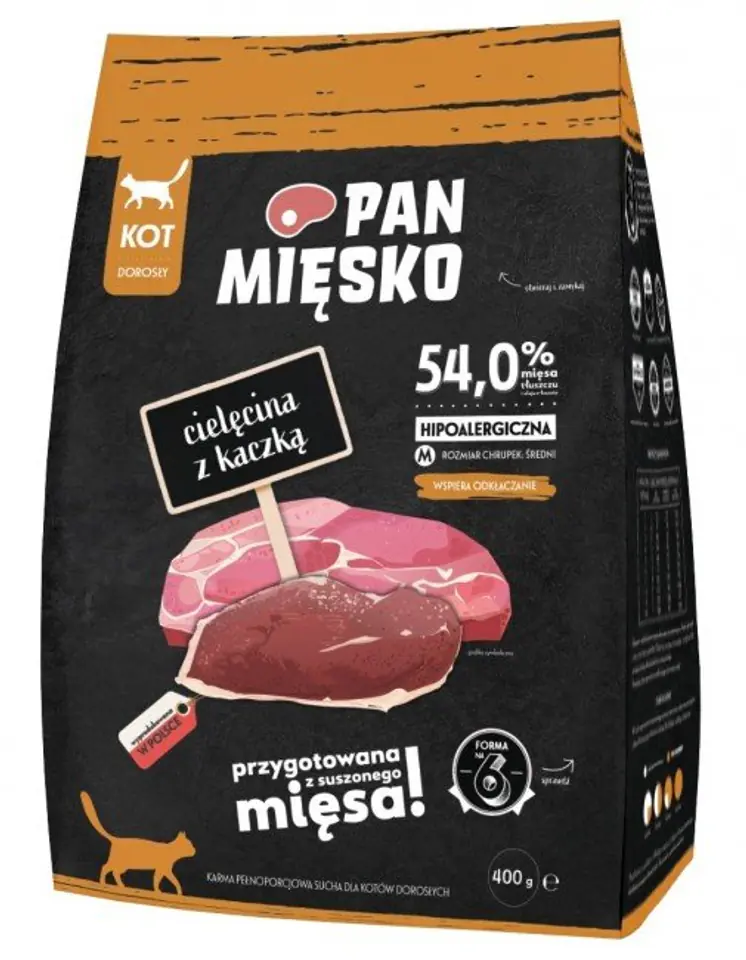 ⁨Pan Mięsko Karma sucha dla kota - cielęcina i kaczka chrupki M 400g⁩ w sklepie Wasserman.eu