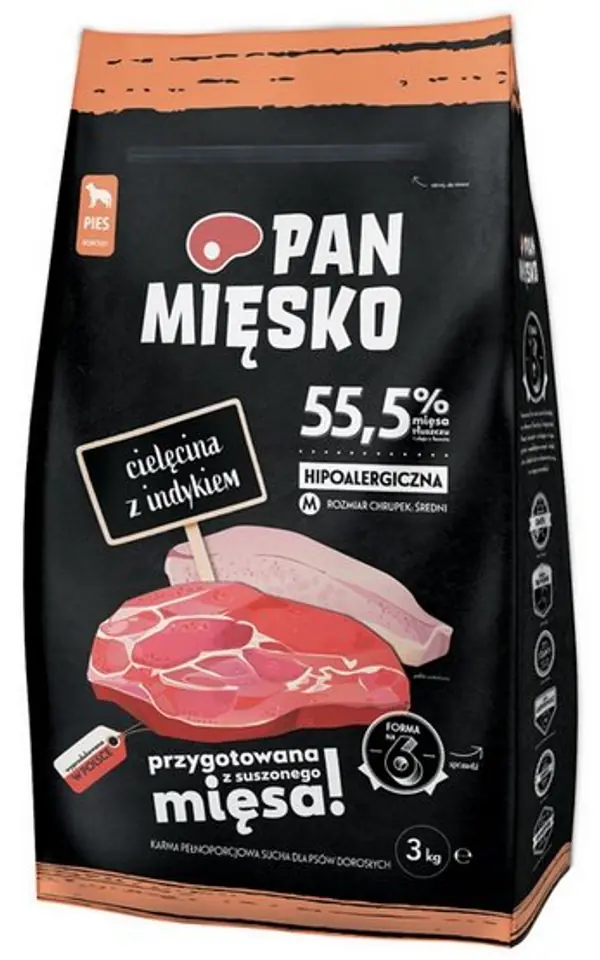 ⁨Pan Mięsko Karma sucha dla psa - cielęcina i indyk chrupki M 3kg⁩ w sklepie Wasserman.eu