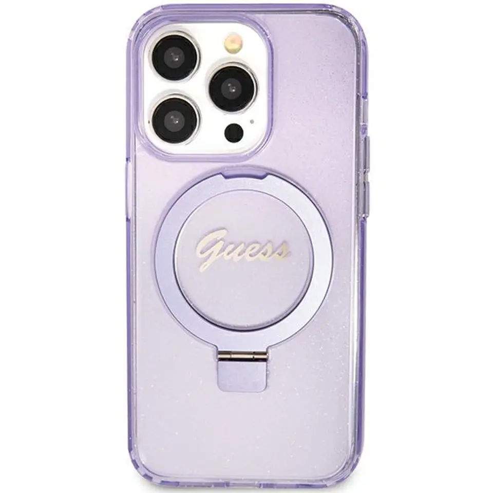 ⁨Guess GUHMN61HRSGSU iPhone 11 / Xr 6.1" fioletowy/purple hardcase Ring Stand Script Glitter MagSafe⁩ w sklepie Wasserman.eu