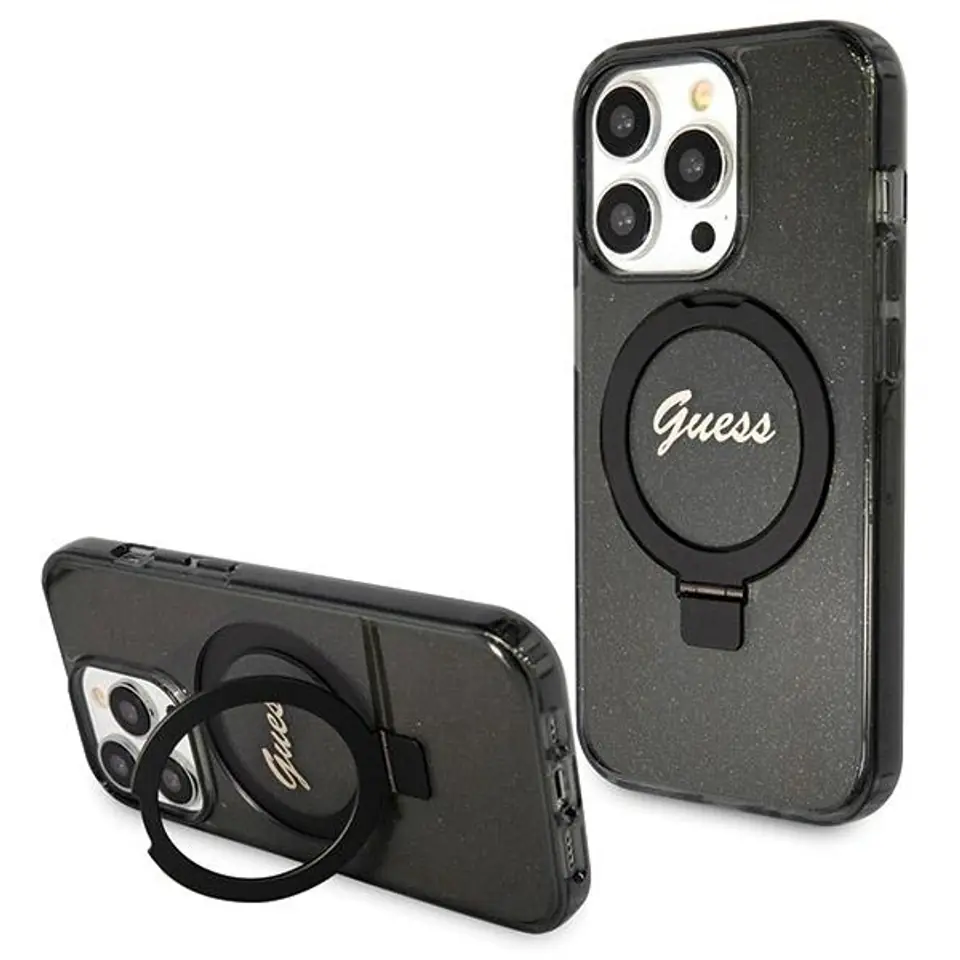 ⁨Guess GUHMP13LHRSGSK iPhone 13 Pro / 13 6.1" czarny/black hardcase Ring Stand Script Glitter MagSafe⁩ w sklepie Wasserman.eu