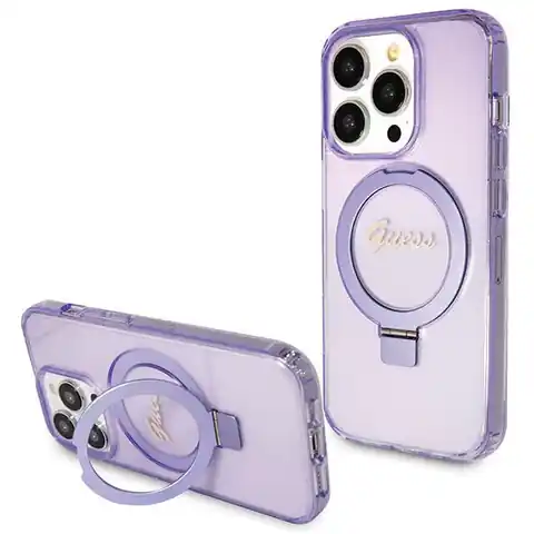 ⁨Guess GUHMP14XHRSGSU iPhone 14 Pro Max 6.7" fioletowy/purple hardcase Ring Stand Script Glitter MagSafe⁩ w sklepie Wasserman.eu