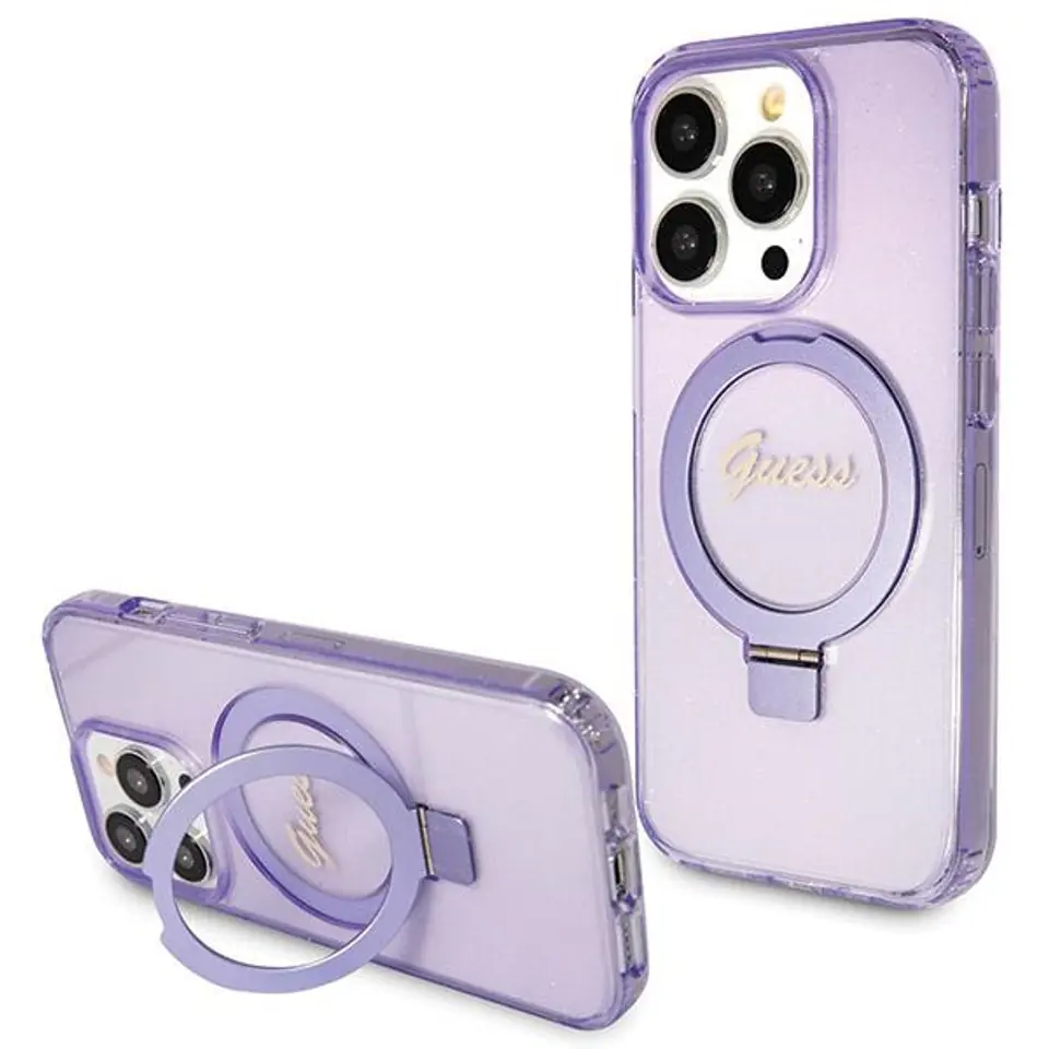 ⁨Guess GUHMP13XHRSGSU iPhone 13 Pro Max 6.1" fioletowy/purple hardcase Ring Stand Script Glitter MagSafe⁩ w sklepie Wasserman.eu