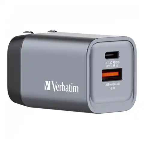 ⁨Ładowarka GaN Verbatim, USB 3.0, USB C, szara, 35 W, wymienne końcówki  C,G,A⁩ w sklepie Wasserman.eu