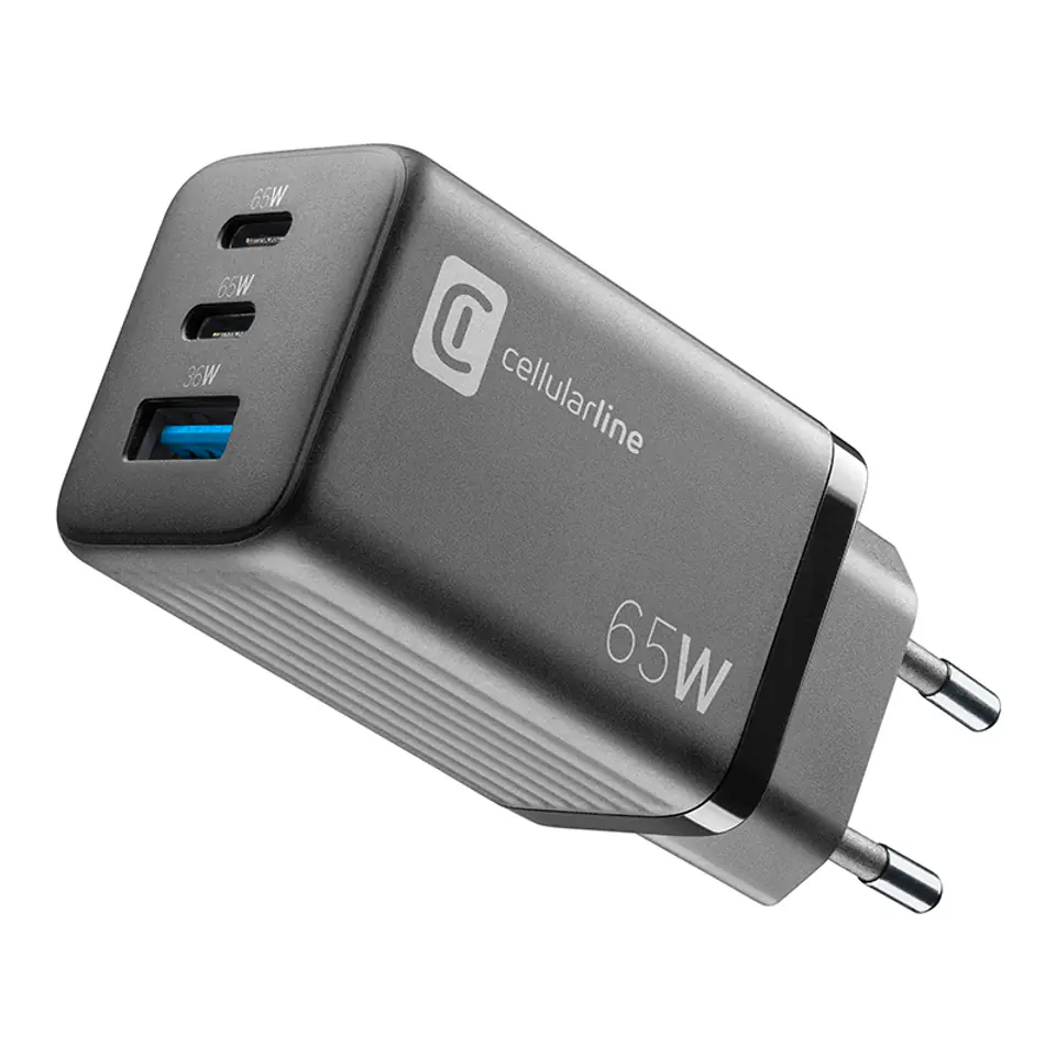 ⁨Cellularline Multipower Micro GaN - Ładowarka sieciowa 2x USB-C & USB-A Power Delivery 65W (czarny)⁩ w sklepie Wasserman.eu