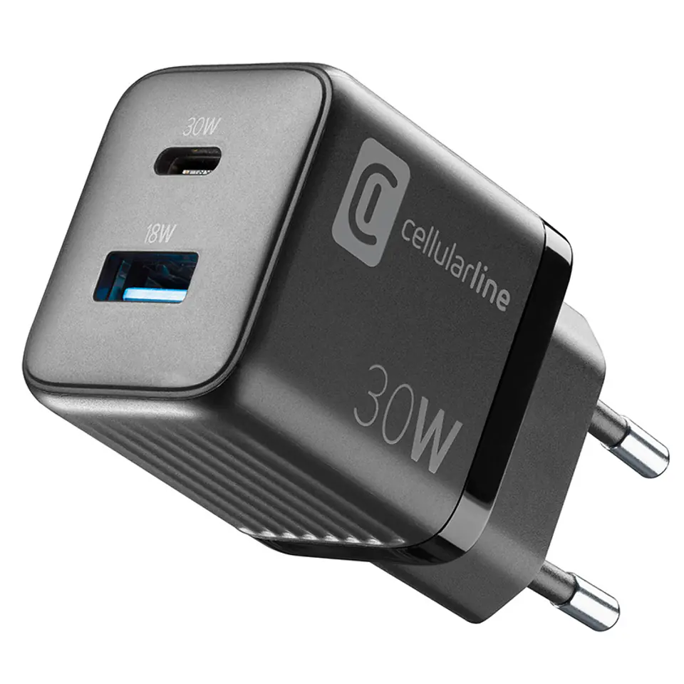 ⁨Cellularline Multipower Micro GaN - Ładowarka sieciowa USB-C & USB-A Power Delivery 30W (czarny)⁩ w sklepie Wasserman.eu