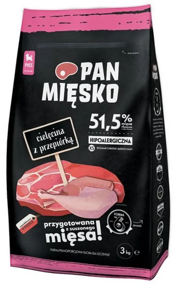 ⁨Pan Mięsko Karma sucha dla szczeniąt - cielęcina i przepiórka chrupki XS 3kg⁩ w sklepie Wasserman.eu