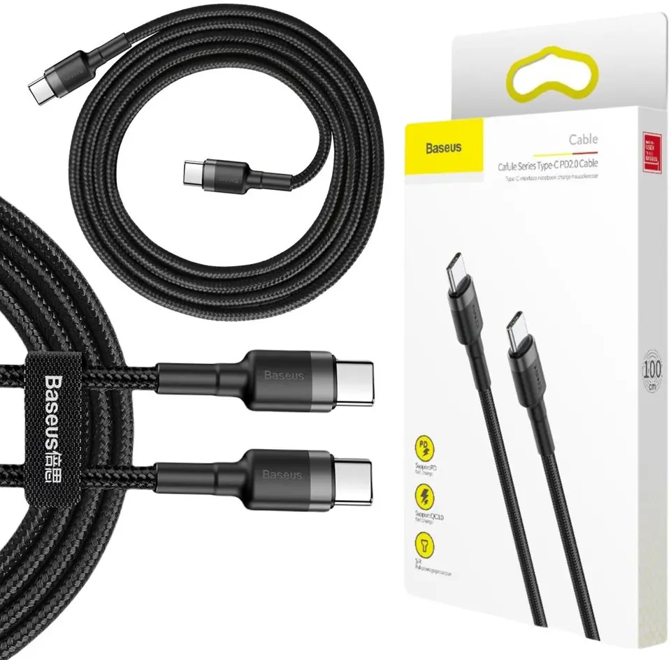 ⁨KABEL USB-C / USB-C Baseus Cafule CATKLF-GG1 100cm 60W 3A PD 2.0 QC 3.0 CZARNO-SZARY W OPLOCIE⁩ w sklepie Wasserman.eu