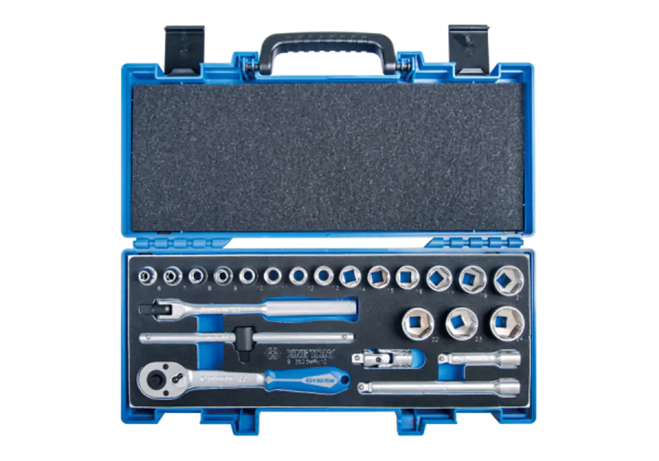⁨ZESTAW NASADEK 3/8" 23cz. KRÓTKIE 6-kąt. 6 - 22mm Z GRZECHOTKĄ I AKCESORIAMI, WALIZKA King Tony⁩ w sklepie Wasserman.eu