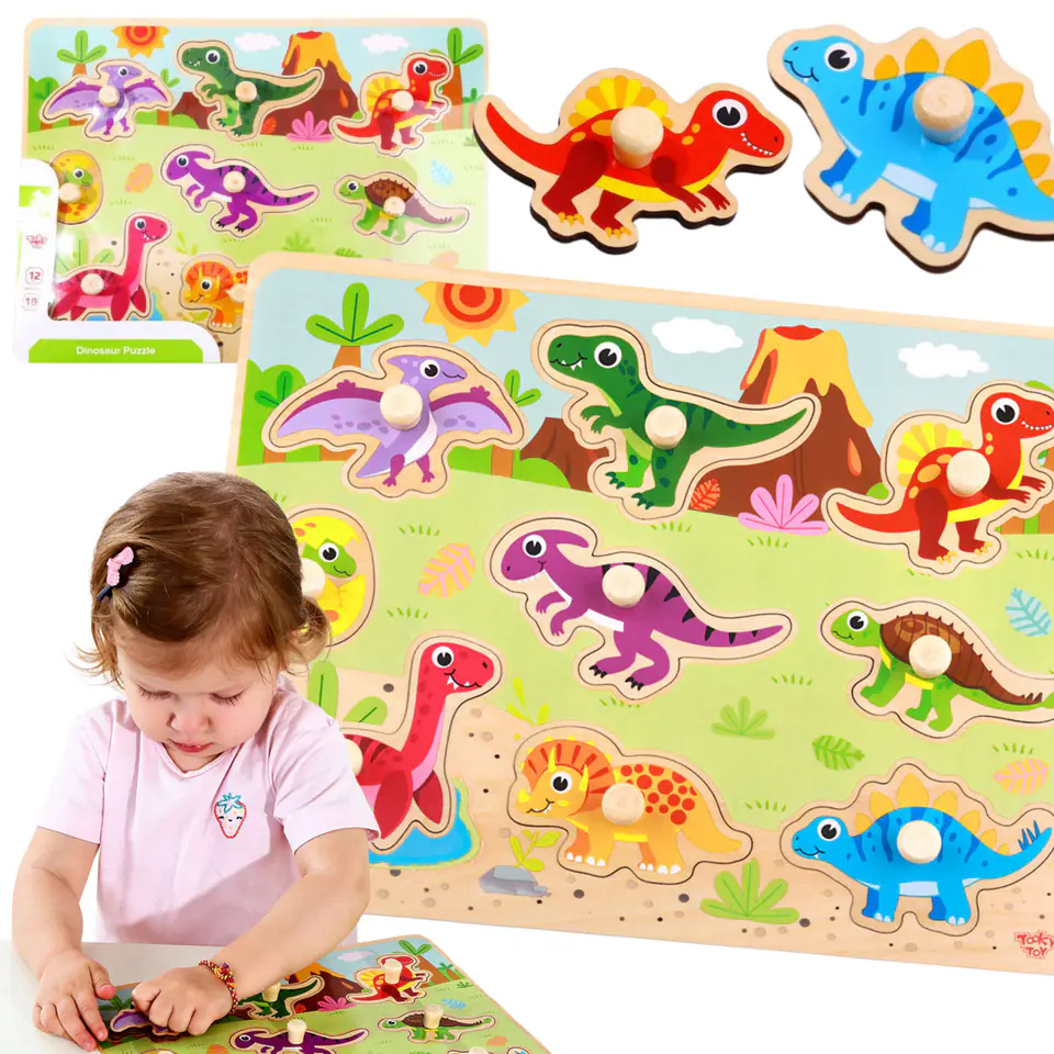 ⁨TOOKY TOY Drewniane Puzzle Montessori Układanka Dinozaury Kształty⁩ w sklepie Wasserman.eu