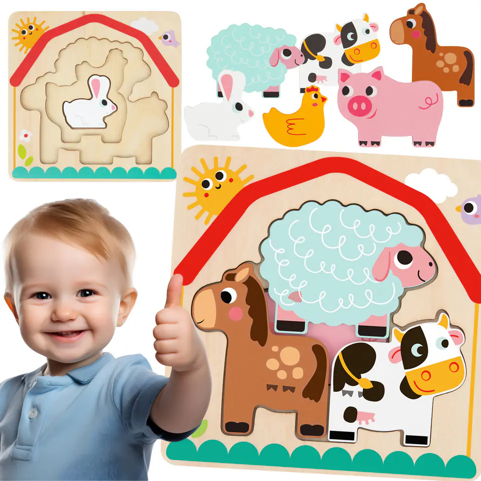 ⁨Tooky Toy Drewniane Puzzle Montessori Wielowarstwowe Tablica Zwierzątka na Farmie 7 el.⁩ w sklepie Wasserman.eu