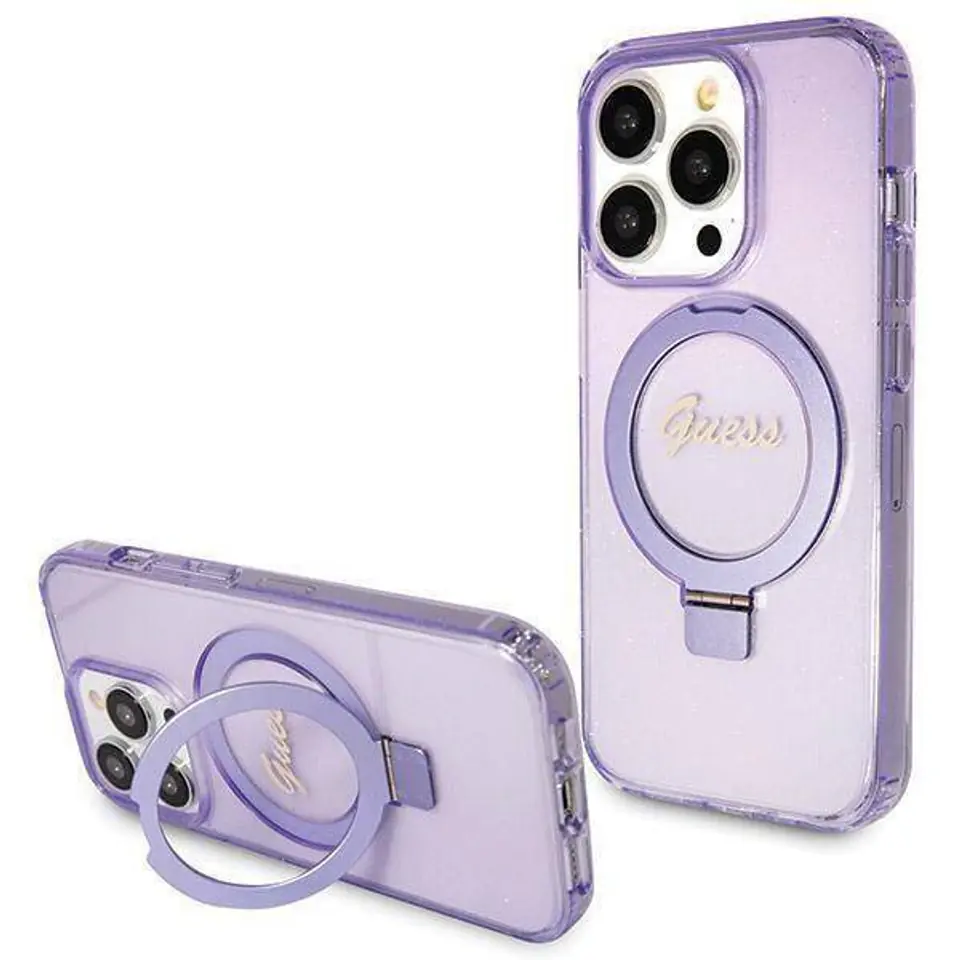⁨Oryginalne Etui IPHONE 13 PRO Guess Hardcase Ring Stand Script Glitter MagSafe (GUHMP13LHRSGSU) fioletowe⁩ w sklepie Wasserman.eu